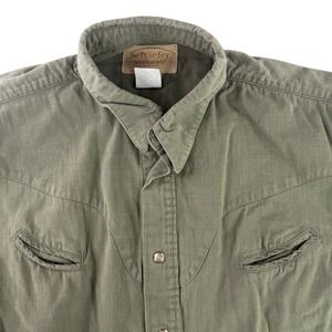 Schaefer Outfitter Shirt Mens Large Olive Green Western Pearl Snap Made USA 6060